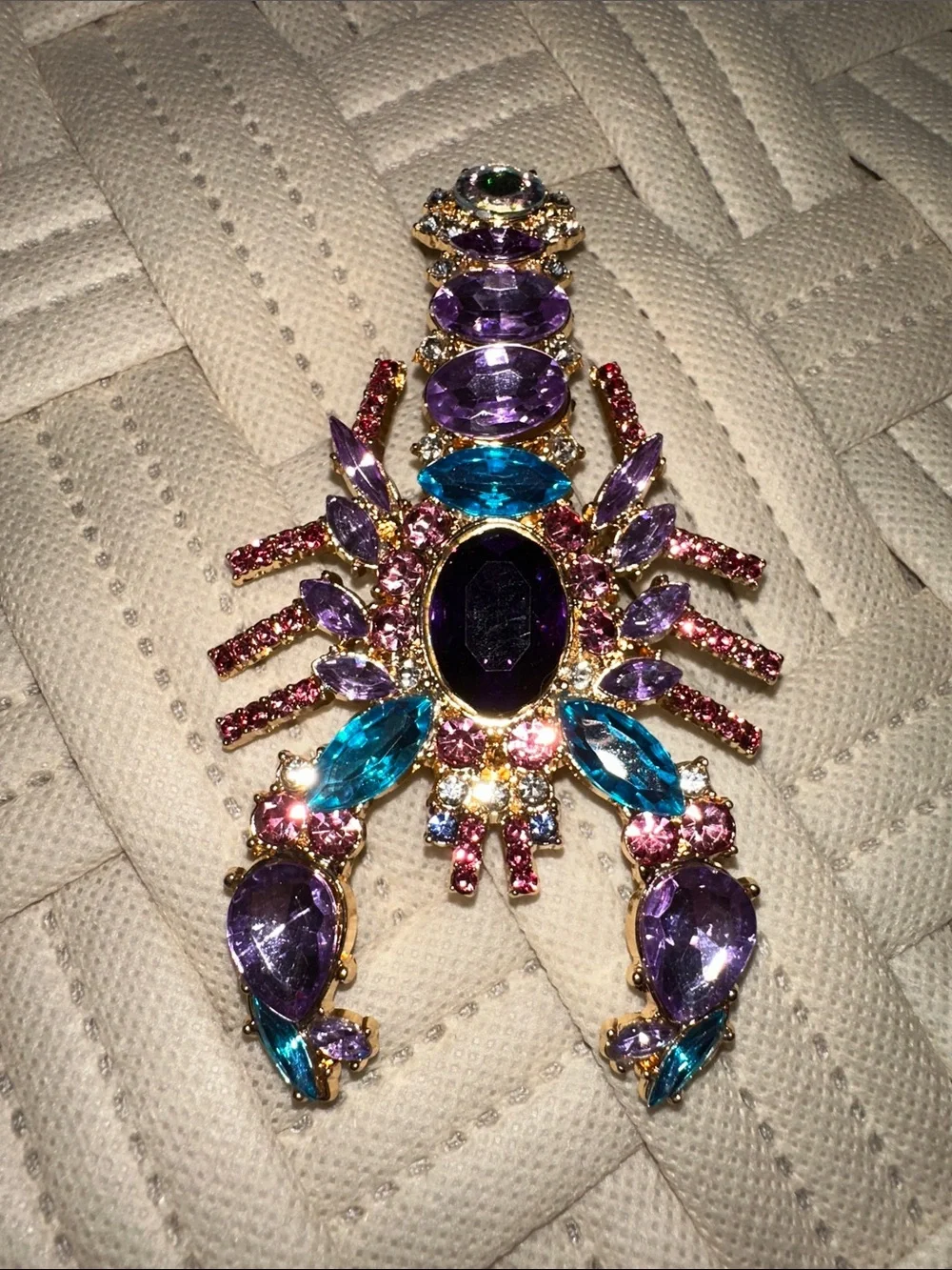 Gold-Tone Multicolor Lobster Brooch - Purple & Teal Crystal Accents